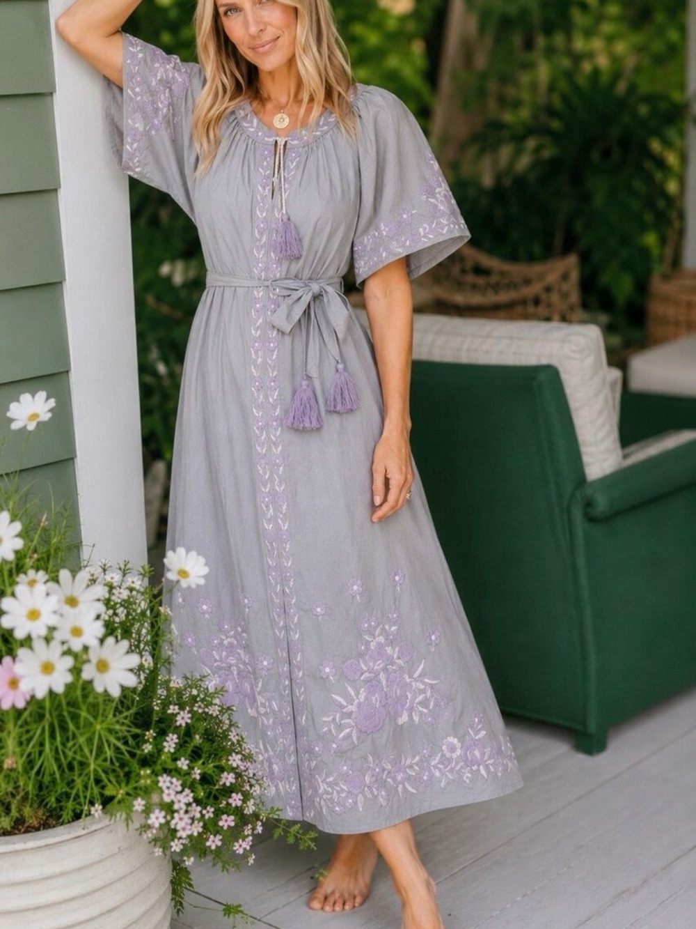 Lavender Embroidered Maxi Dress with Tassel Tie